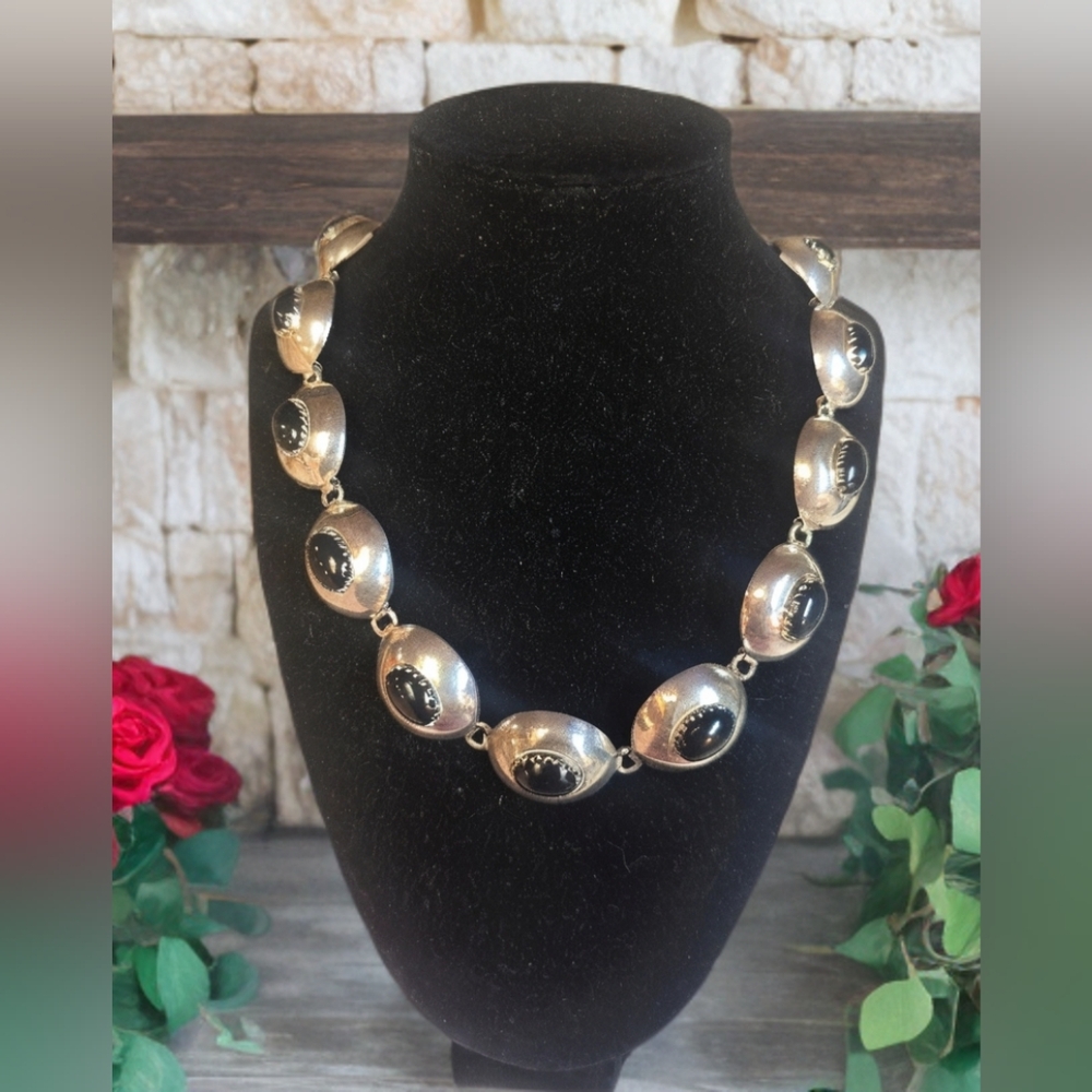 Taxco Black Onyx Cobochon & Sterling Silver Necklace. 18" Stamped.121 G  Heavy